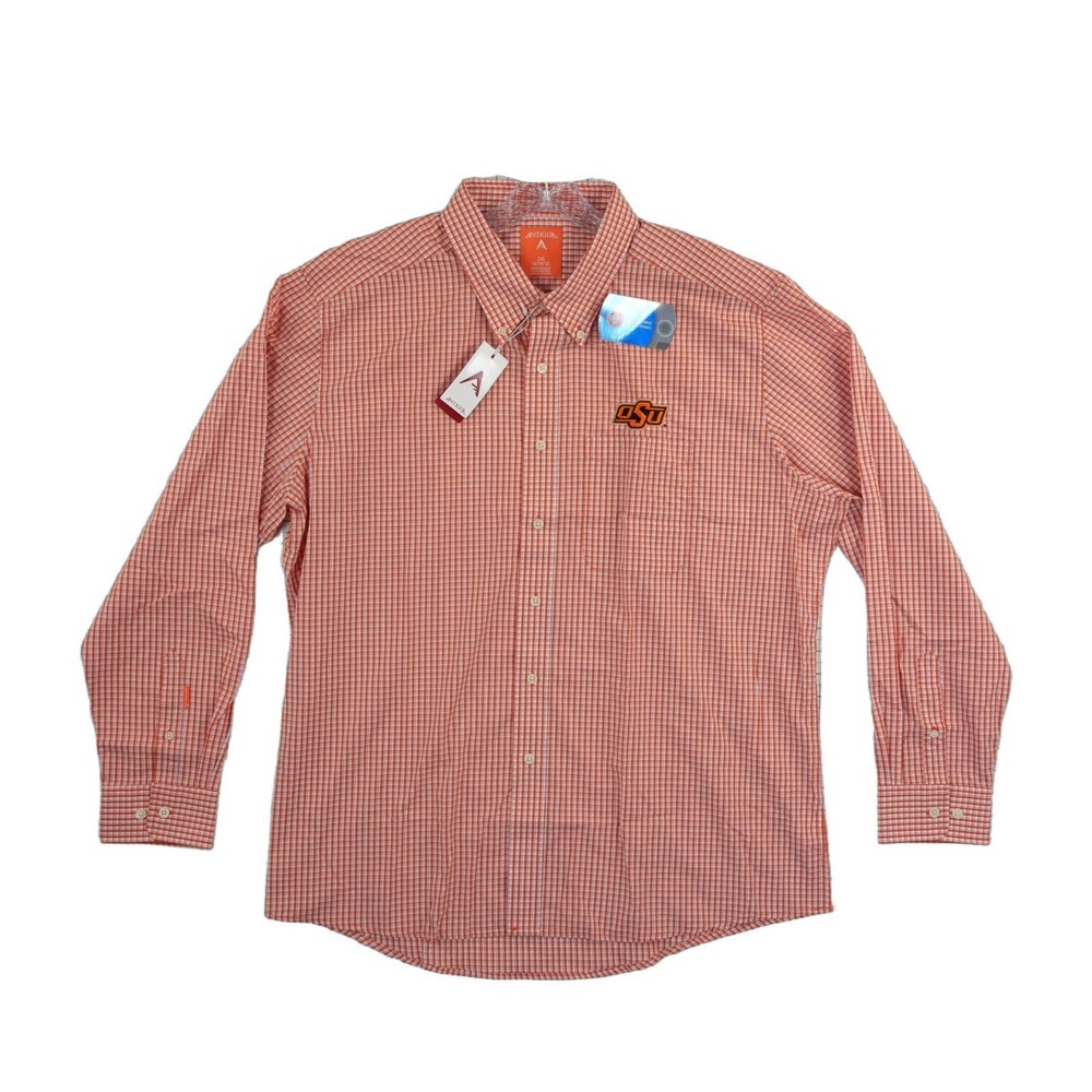 New Antigua OSU Shirt Men's Size 2XL Orange Oklahoma State Gingham Button Down‎